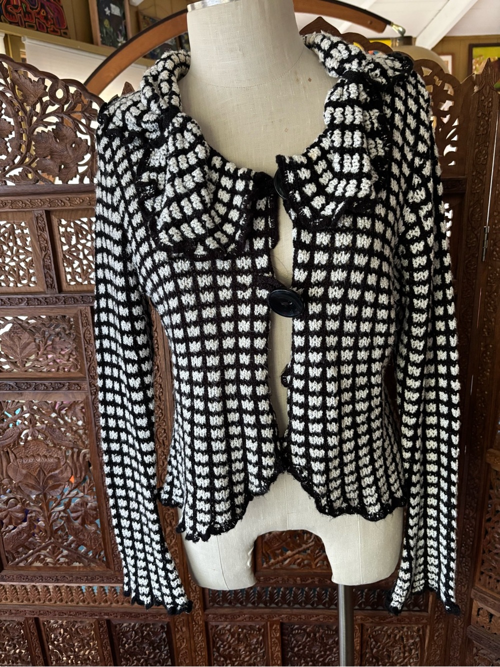 Vintage Vincente’ Black and White Checked Ruffle-Edge Cardigan